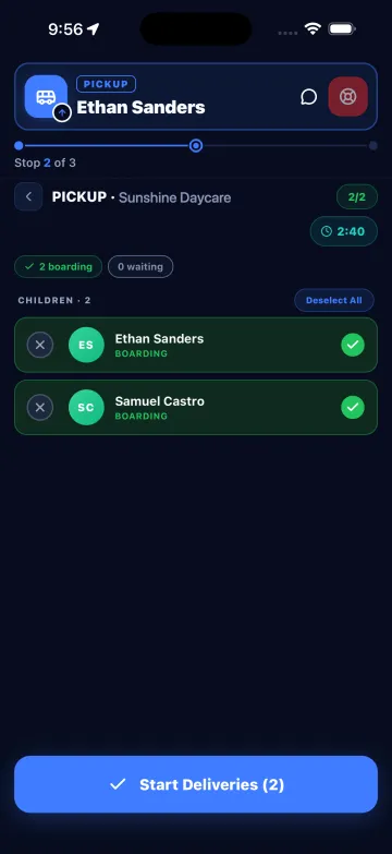 Driver app: boarding checklist with each child marked before the van leaves