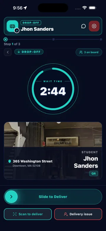 Driver app: drop-off with wait timer, slide to deliver and scan to deliver