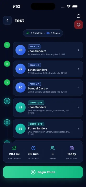 Driver app: route of the day with pickups and drop-offs in order, distance, time and begin route