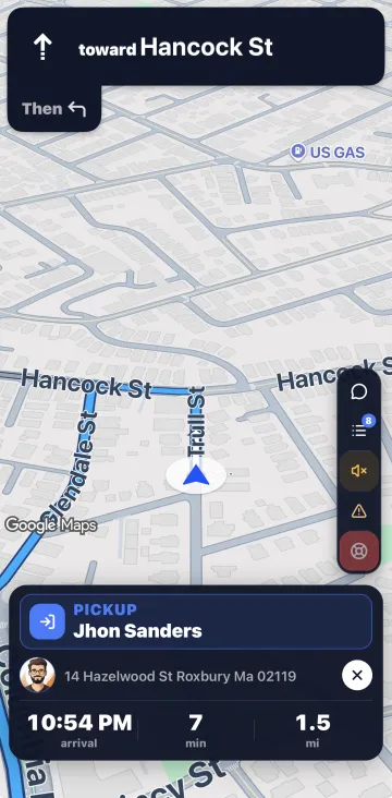 Driver app: turn-by-turn navigation to the next pickup with arrival time, minutes and miles