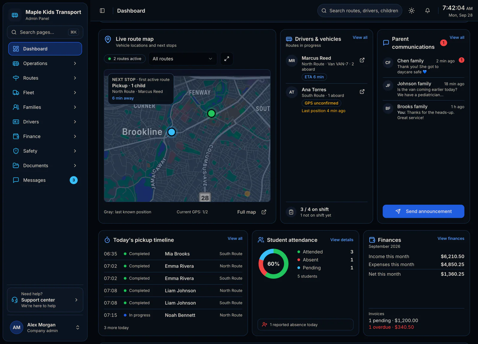 Office panel: live route map, drivers and vehicles, parent messages, today's pickup timeline, student attendance and finances
