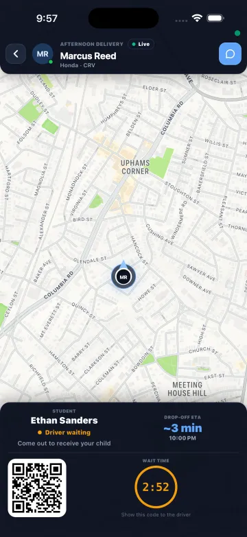 Parent app: live map, driver waiting, arrival time and the child's QR code