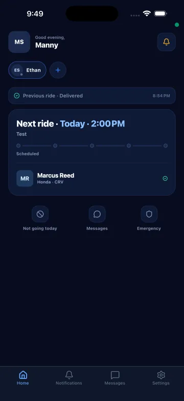 Parent app: next ride today, driver and vehicle, not going today, messages and emergency