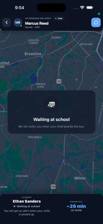 Parent app: live map while the child waits at school, with pickup arrival time